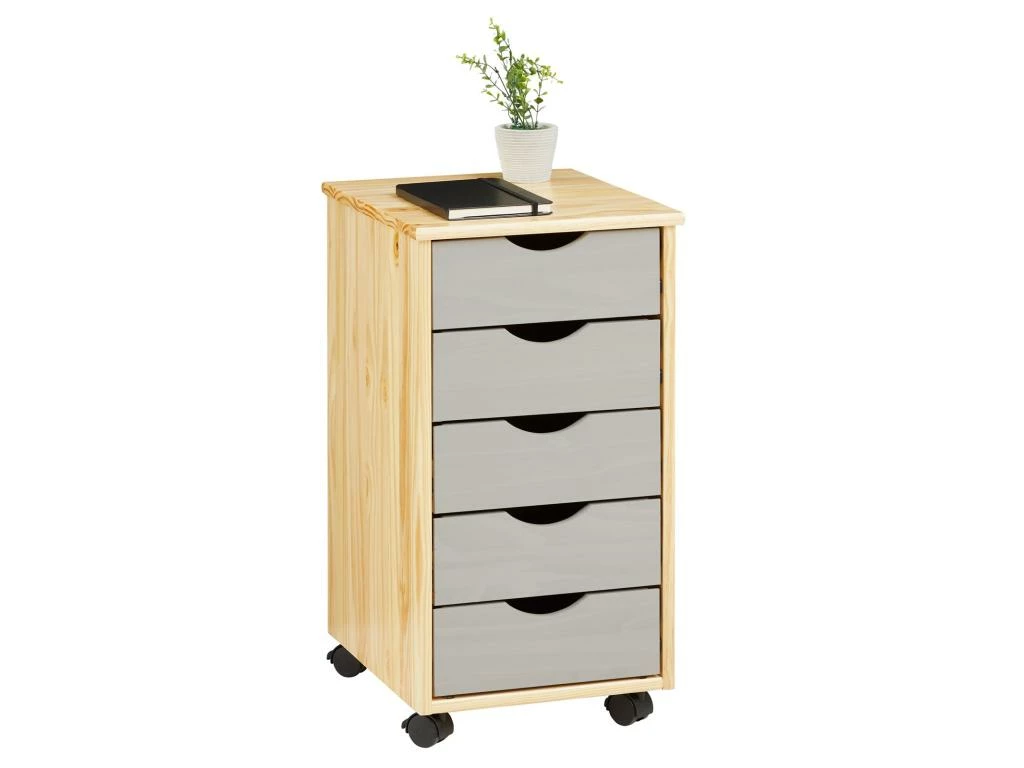 Caisson De Bureau LAGOS Meuble De Rangement Sur Roulettes Avec 5 Tiroirs, En Pin Massif Finition Vernis Naturel Et Lasuré Gris 1 Caisson De Bureau LAGOS Meuble De Rangement Sur Roulettes Avec 5 Tiroirs, En Pin Massif Finition Vernis Naturel Et Lasuré Gris