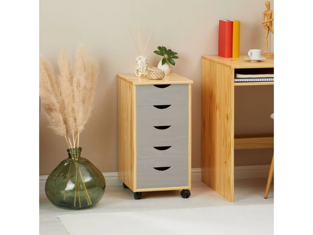 Caisson De Bureau LAGOS Meuble De Rangement Sur Roulettes Avec 5 Tiroirs, En Pin Massif Finition Vernis Naturel Et Lasuré Gris 2 Caisson De Bureau LAGOS Meuble De Rangement Sur Roulettes Avec 5 Tiroirs, En Pin Massif Finition Vernis Naturel Et Lasuré Gris – Image 2