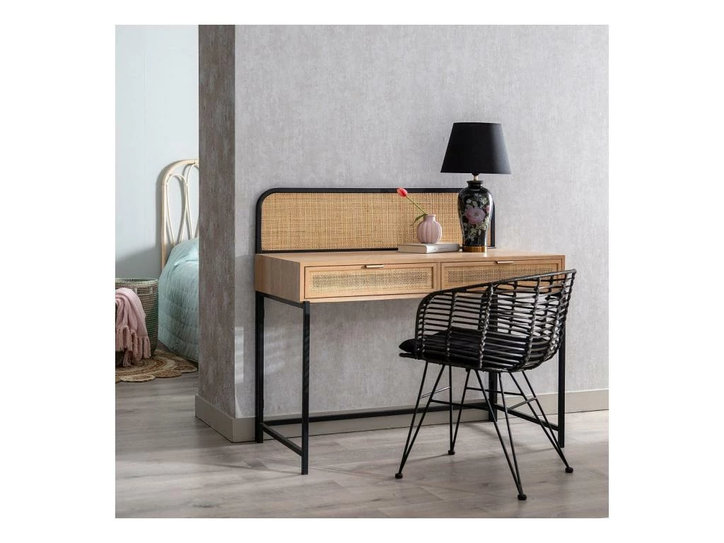 Bureau 2 Tiroirs Bois Naturel/Rotin/Noir- MAINIA 2 Bureau 2 Tiroirs Bois Naturel/Rotin/Noir- MAINIA – Image 2