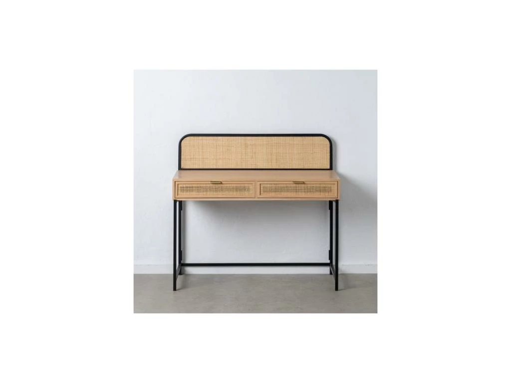 Bureau 2 Tiroirs Bois Naturel/Rotin/Noir- MAINIA 3 Bureau 2 Tiroirs Bois Naturel/Rotin/Noir- MAINIA – Image 3