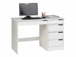 Bureau HUGO Avec Rangement 5 Tiroirs Style Scandinave En Pin Massif Lasuré Blanc