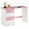 Bureau ARNE Pour Enfant Ou Adulte Multi Rangements, Avec 4 Tiroirs, En Pin Massif Lasuré Blanc Et Rose