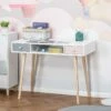 Bureau Enfant Style Scandinave Avec Tiroir Et Compartiment De Rangement 100L X 48l X 76,5H Cm MDF Et Pin Blanc Gris Et Rose