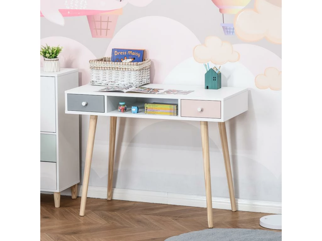 Bureau Enfant Style Scandinave Avec Tiroir Et Compartiment De Rangement 100L X 48l X 76,5H Cm MDF Et Pin Blanc Gris Et Rose 1 Bureau Enfant Style Scandinave Avec Tiroir Et Compartiment De Rangement 100L X 48l X 76,5H Cm MDF Et Pin Blanc Gris Et Rose