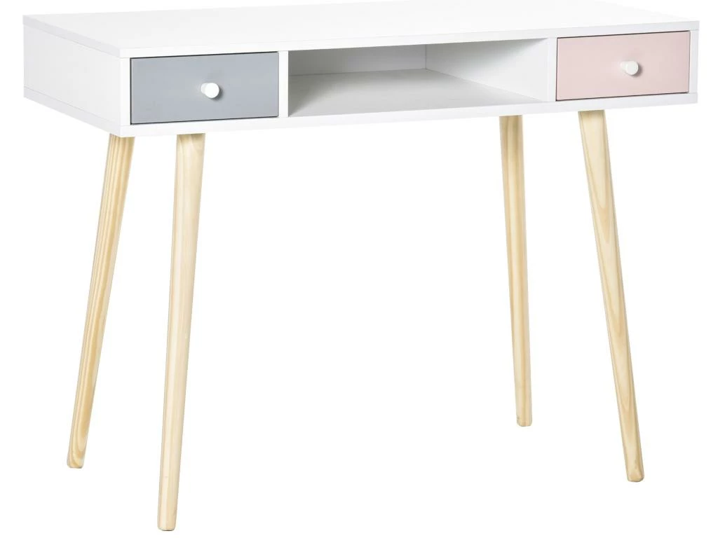Bureau Enfant Style Scandinave Avec Tiroir Et Compartiment De Rangement 100L X 48l X 76,5H Cm MDF Et Pin Blanc Gris Et Rose 2 Bureau Enfant Style Scandinave Avec Tiroir Et Compartiment De Rangement 100L X 48l X 76,5H Cm MDF Et Pin Blanc Gris Et Rose – Image 2