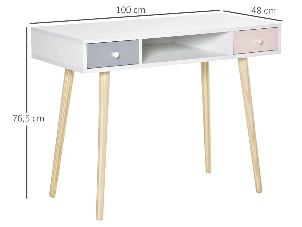 Bureau Enfant Style Scandinave Avec Tiroir Et Compartiment De Rangement 100L X 48l X 76,5H Cm MDF Et Pin Blanc Gris Et Rose 3 Bureau Enfant Style Scandinave Avec Tiroir Et Compartiment De Rangement 100L X 48l X 76,5H Cm MDF Et Pin Blanc Gris Et Rose – Image 3