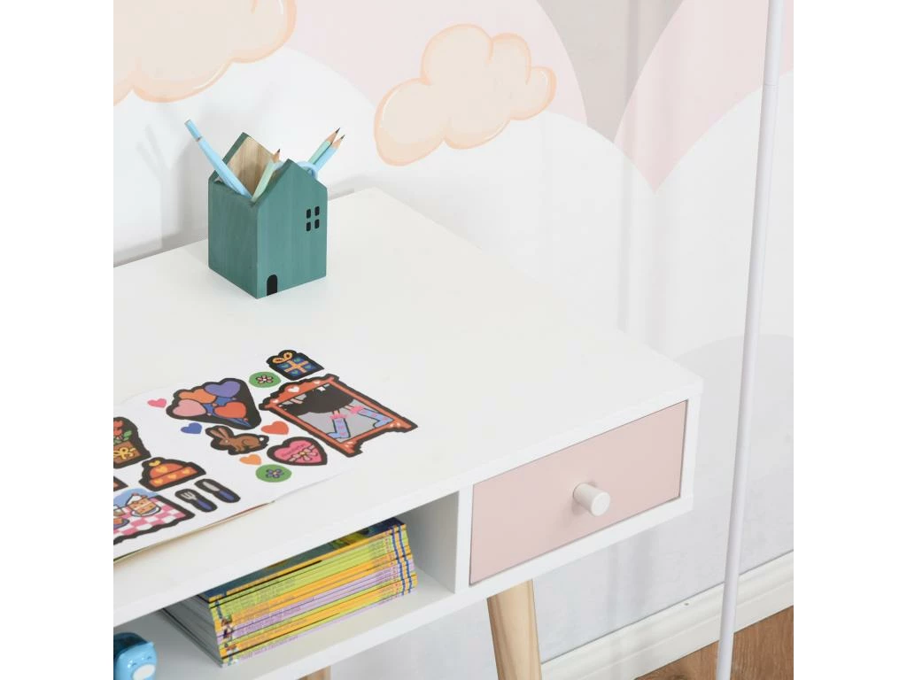 Bureau Enfant Style Scandinave Avec Tiroir Et Compartiment De Rangement 100L X 48l X 76,5H Cm MDF Et Pin Blanc Gris Et Rose 4 Bureau Enfant Style Scandinave Avec Tiroir Et Compartiment De Rangement 100L X 48l X 76,5H Cm MDF Et Pin Blanc Gris Et Rose – Image 4
