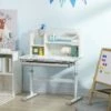 Bureau Enfant Multi-rangement - Bureau Hauteur Réglable, Plateau Inclinable - 3 étagères, 2 Niches, Pot Crayon, Tablette Coulissante à Rangement - Gris Blanc