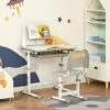 HOMCOM Bureau Enfant Avec Chaise - Ensemble Bureau Et Chaise Réglable - Lampe, Support De Lecture, Tablette Coulissante Multi-rangement - Gris Blanc