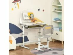 HOMCOM Bureau Enfant Avec Chaise - Ensemble Bureau Et Chaise Réglable - Lampe, Support De Lecture, Tablette Coulissante Multi-rangement - Gris Blanc