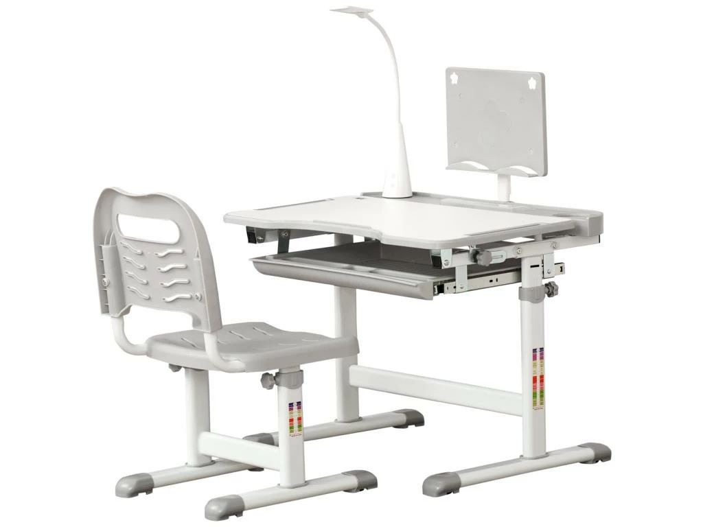 HOMCOM Bureau Enfant Avec Chaise - Ensemble Bureau Et Chaise Réglable - Lampe, Support De Lecture, Tablette Coulissante Multi-rangement - Gris Blanc 2 HOMCOM Bureau Enfant Avec Chaise - Ensemble Bureau Et Chaise Réglable - Lampe, Support De Lecture, Tablette Coulissante Multi-rangement - Gris Blanc – Image 2