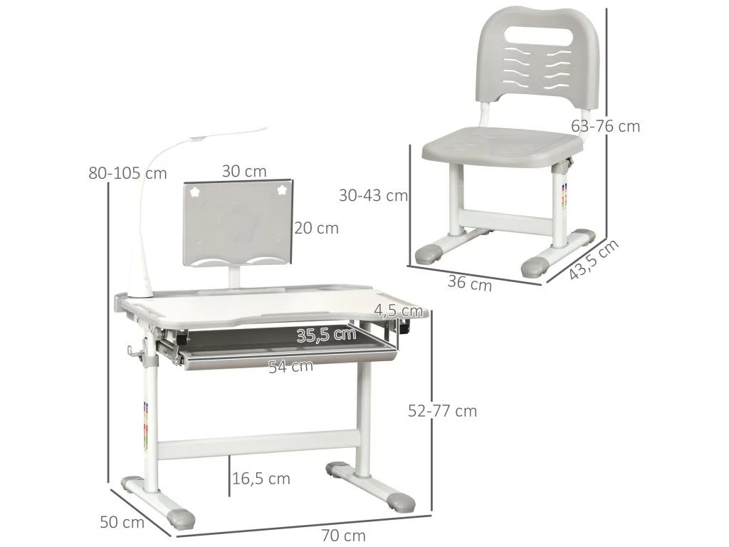 HOMCOM Bureau Enfant Avec Chaise - Ensemble Bureau Et Chaise Réglable - Lampe, Support De Lecture, Tablette Coulissante Multi-rangement - Gris Blanc 3 HOMCOM Bureau Enfant Avec Chaise - Ensemble Bureau Et Chaise Réglable - Lampe, Support De Lecture, Tablette Coulissante Multi-rangement - Gris Blanc – Image 3