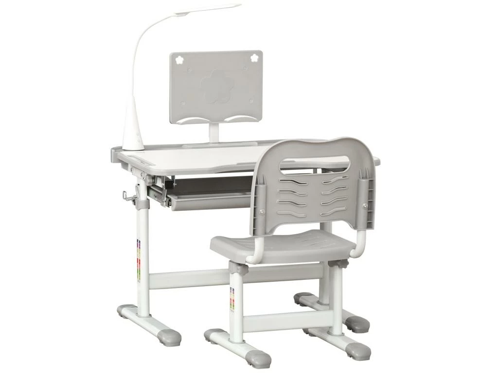 HOMCOM Bureau Enfant Avec Chaise - Ensemble Bureau Et Chaise Réglable - Lampe, Support De Lecture, Tablette Coulissante Multi-rangement - Gris Blanc 4 HOMCOM Bureau Enfant Avec Chaise - Ensemble Bureau Et Chaise Réglable - Lampe, Support De Lecture, Tablette Coulissante Multi-rangement - Gris Blanc – Image 4