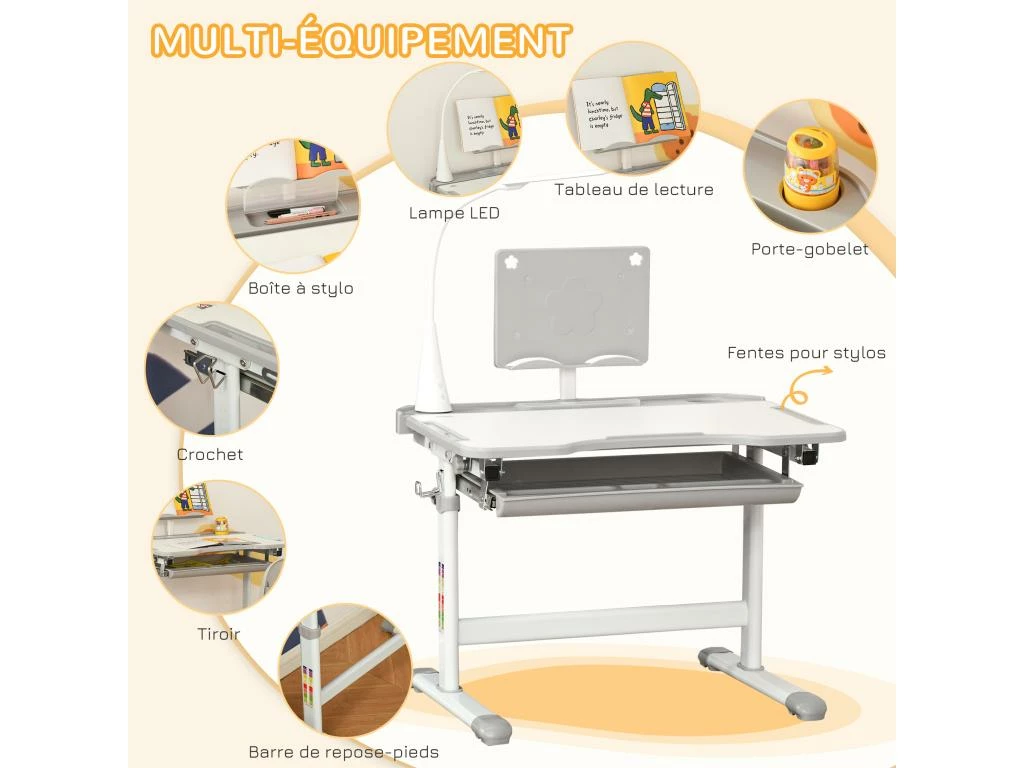HOMCOM Bureau Enfant Avec Chaise - Ensemble Bureau Et Chaise Réglable - Lampe, Support De Lecture, Tablette Coulissante Multi-rangement - Gris Blanc 6 HOMCOM Bureau Enfant Avec Chaise - Ensemble Bureau Et Chaise Réglable - Lampe, Support De Lecture, Tablette Coulissante Multi-rangement - Gris Blanc – Image 6