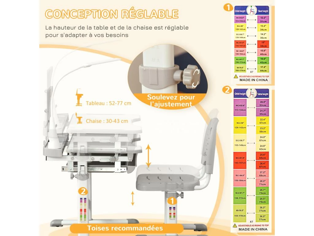 HOMCOM Bureau Enfant Avec Chaise - Ensemble Bureau Et Chaise Réglable - Lampe, Support De Lecture, Tablette Coulissante Multi-rangement - Gris Blanc 7 HOMCOM Bureau Enfant Avec Chaise - Ensemble Bureau Et Chaise Réglable - Lampe, Support De Lecture, Tablette Coulissante Multi-rangement - Gris Blanc – Image 7