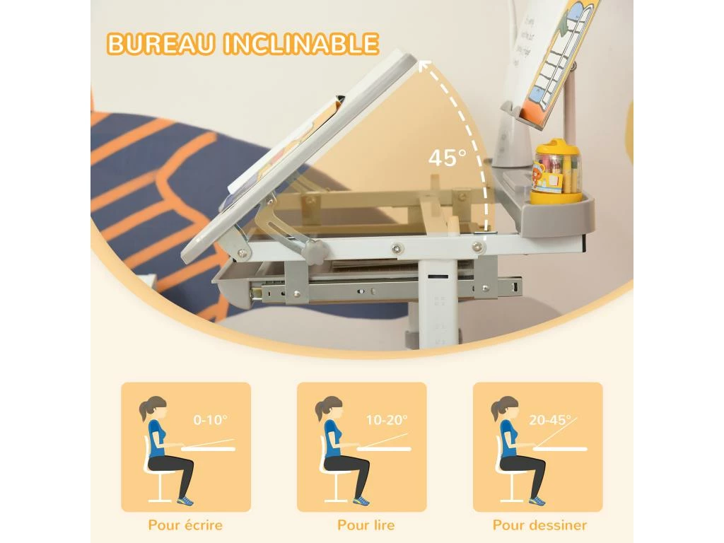 HOMCOM Bureau Enfant Avec Chaise - Ensemble Bureau Et Chaise Réglable - Lampe, Support De Lecture, Tablette Coulissante Multi-rangement - Gris Blanc 8 HOMCOM Bureau Enfant Avec Chaise - Ensemble Bureau Et Chaise Réglable - Lampe, Support De Lecture, Tablette Coulissante Multi-rangement - Gris Blanc – Image 8