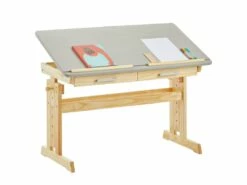 Bureau Enfant écolier Junior OLIVIA Table à Dessin Réglable En Hauteur Et Pupitre Inclinable, 2 Tiroirs En Pin Massif Naturel/gris