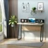 Bureau Secrétaire Style Industriel Dim. 110L X 48l X 90H Cm Châssis Métal Noir Plateau Support Panneaux Particules Chêne Clair