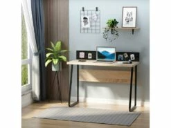 Bureau Secrétaire Style Industriel Dim. 110L X 48l X 90H Cm Châssis Métal Noir Plateau Support Panneaux Particules Chêne Clair