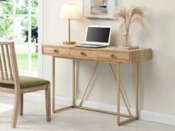 Bureau Console Avec 3 Tiroirs - MDF Et Métal - Naturel Et Doré - DEYAM