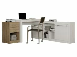 Bureau D'angle - 2 Tiroirs Et 2 Portes - Coloris : Blanc Et Chêne - EVAN -mobilier de bureau Shop meuble bureau 14819821