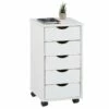Caisson De Bureau LAGOS Meuble De Rangement Sur Roulettes Avec 5 Tiroirs, En Pin Massif Lasuré Blanc