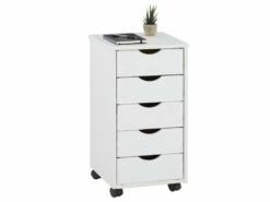 Caisson De Bureau LAGOS Meuble De Rangement Sur Roulettes Avec 5 Tiroirs, En Pin Massif Lasuré Blanc