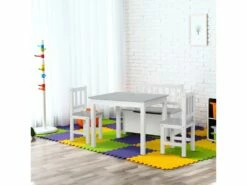 Ensemble De Table Et Chaises Enfant - Set De 4 Pièces - Table, 2 Chaises, Banc Coffre 2 En 1 - MDF Pin Blanc Gris