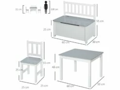 Ensemble De Table Et Chaises Enfant - Set De 4 Pièces - Table, 2 Chaises, Banc Coffre 2 En 1 - MDF Pin Blanc Gris -mobilier de bureau Shop meuble bureau 15915081
