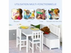 Ensemble De Table Et Chaises Enfant - Set De 4 Pièces - Table, 2 Chaises, Banc Coffre 2 En 1 - MDF Pin Blanc Gris -mobilier de bureau Shop meuble bureau 15915085