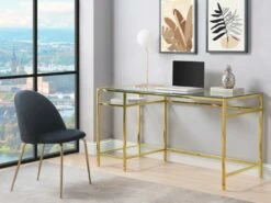 Bureau Avec 2 étagères - Verre Trempé Et Acier - Doré - TIZIO De Pascal Morabito