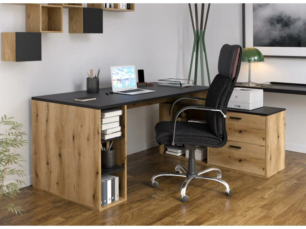 Bureau D'angle En Mélamine Coloris Imitation Chêne Rustique / Noir - Longueur 183 X Profondeur 141 X Hauteur 75 Cm 3 Bureau D'angle En Mélamine Coloris Imitation Chêne Rustique / Noir - Longueur 183 X Profondeur 141 X Hauteur 75 Cm – Image 3