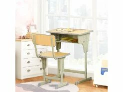 HOMCOM Bureau Enfant Vintage Style Pupitre D'écolier - Ensemble Bureau Et Chaise Réglable - Case De Rangement, Bracket, Range-stylos - Acier Kaki MDF Aspect Bois Clair -mobilier de bureau Shop meuble bureau 19046465