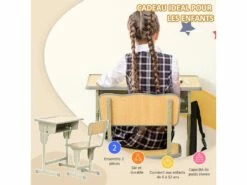 HOMCOM Bureau Enfant Vintage Style Pupitre D'écolier - Ensemble Bureau Et Chaise Réglable - Case De Rangement, Bracket, Range-stylos - Acier Kaki MDF Aspect Bois Clair -mobilier de bureau Shop meuble bureau 19046475