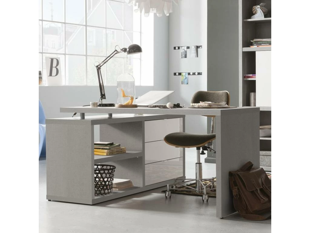 Bureau D'angle Réversible Décor Béton Gris Et Blanc Laqué - GRANIT 2 Bureau D'angle Réversible Décor Béton Gris Et Blanc Laqué - GRANIT – Image 2