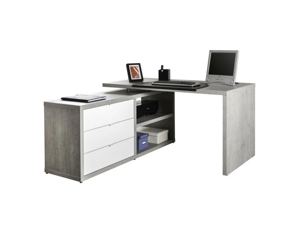 Bureau D'angle Réversible Décor Béton Gris Et Blanc Laqué - GRANIT 4 Bureau D'angle Réversible Décor Béton Gris Et Blanc Laqué - GRANIT – Image 4