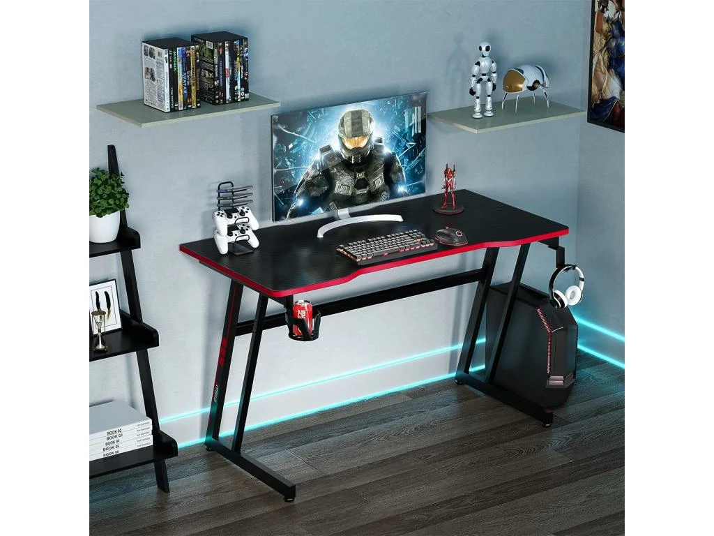 Bureau Gamer 120x60 Cm, Avec Surface En Fibre De Carbone, Crochet Pour Casque, Porte-gobelet 2 Bureau Gamer 120x60 Cm, Avec Surface En Fibre De Carbone, Crochet Pour Casque, Porte-gobelet – Image 2