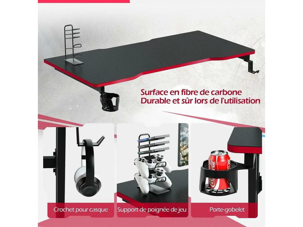 Bureau Gamer 120x60 Cm, Avec Surface En Fibre De Carbone, Crochet Pour Casque, Porte-gobelet 3 Bureau Gamer 120x60 Cm, Avec Surface En Fibre De Carbone, Crochet Pour Casque, Porte-gobelet – Image 3