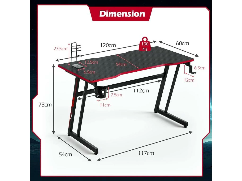 Bureau Gamer 120x60 Cm, Avec Surface En Fibre De Carbone, Crochet Pour Casque, Porte-gobelet 4 Bureau Gamer 120x60 Cm, Avec Surface En Fibre De Carbone, Crochet Pour Casque, Porte-gobelet – Image 4