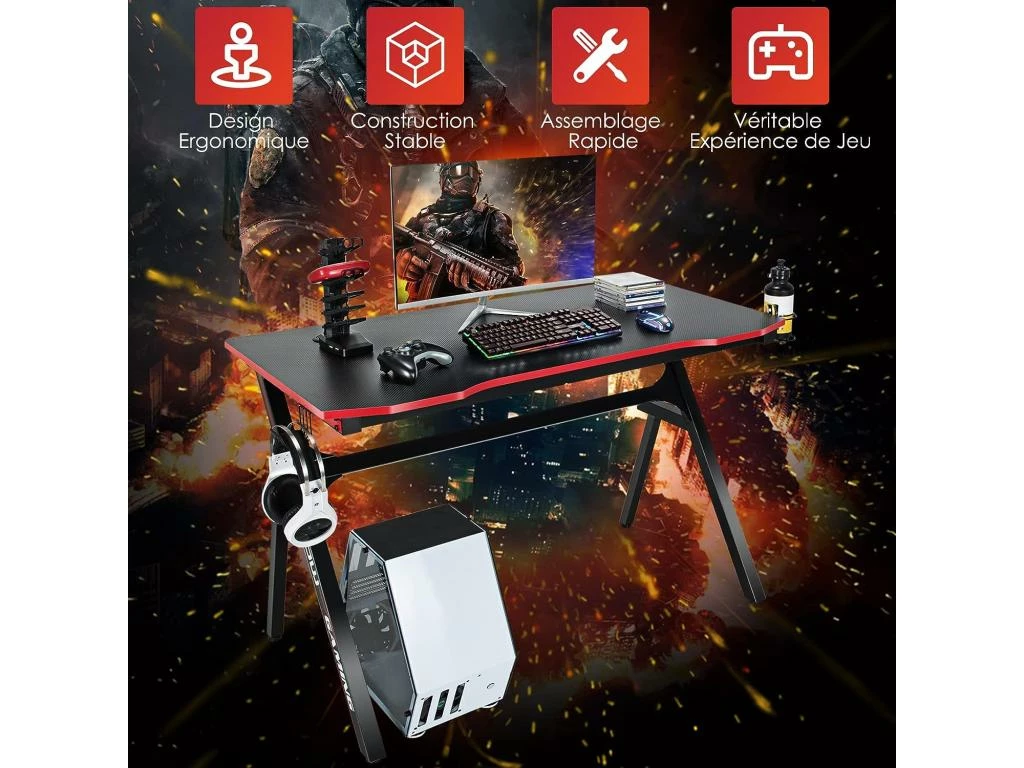 Bureau De Jeu, Gaming Bureau Ergonomique Avec Cadre En Forme De K, Porte-gobelet Et Crochet 3 Bureau De Jeu, Gaming Bureau Ergonomique Avec Cadre En Forme De K, Porte-gobelet Et Crochet – Image 3