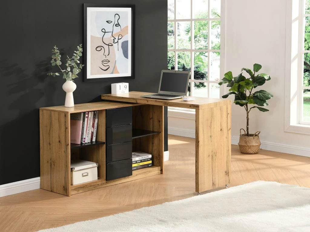 Bureau Extensible Avec Plateau Pivotant 360° - MDF - Naturel Et Noir - PAVELO 1 Bureau Extensible Avec Plateau Pivotant 360° - MDF - Naturel Et Noir - PAVELO