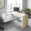 Bureau D'angle 3 Tiroirs + Niche Blanc/Chêne - OFFICIA - L 145 X L 108 X H 73 Cm