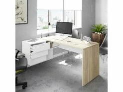 Bureau D'angle 3 Tiroirs + Niche Blanc/Chêne - OFFICIA - L 145 X L 108 X H 73 Cm