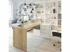 Bureau D'angle 3 Tiroirs + Niche Blanc/Chêne - OFFICIA - L 145 X L 108 X H 73 Cm -mobilier de bureau Shop meuble bureau 20003111