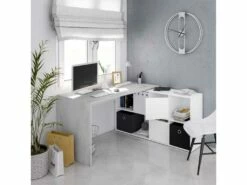 Bureau D'angles 2 Portes + 4 Niches Blanc/Béton - DAPATA PLUS - L 203 X L 66 X H 74 Cm