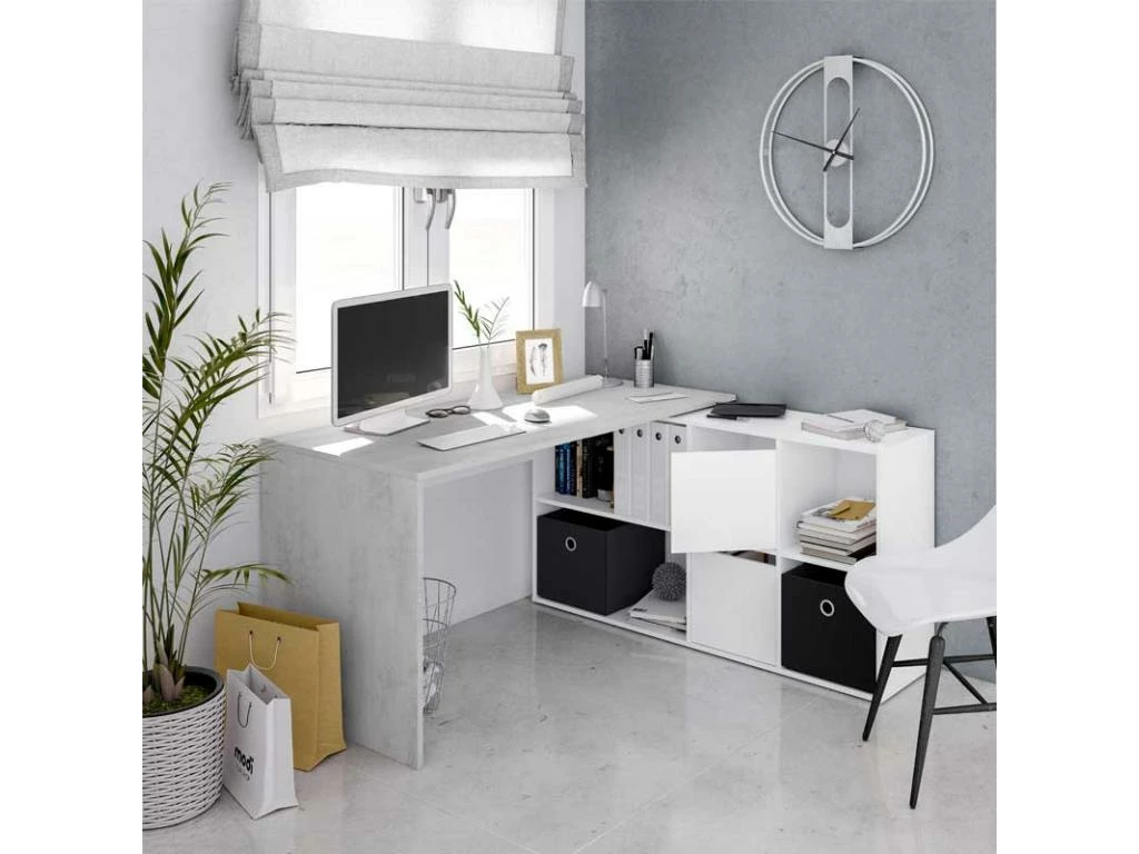 Bureau D'angles 2 Portes + 4 Niches Blanc/Béton - DAPATA PLUS - L 203 X L 66 X H 74 Cm 1 Bureau D'angles 2 Portes + 4 Niches Blanc/Béton - DAPATA PLUS - L 203 X L 66 X H 74 Cm