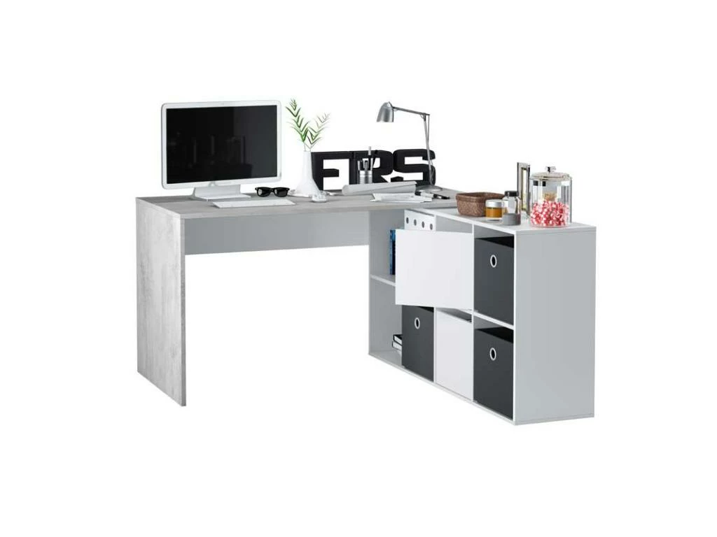 Bureau D'angles 2 Portes + 4 Niches Blanc/Béton - DAPATA PLUS - L 203 X L 66 X H 74 Cm 2 Bureau D'angles 2 Portes + 4 Niches Blanc/Béton - DAPATA PLUS - L 203 X L 66 X H 74 Cm – Image 2
