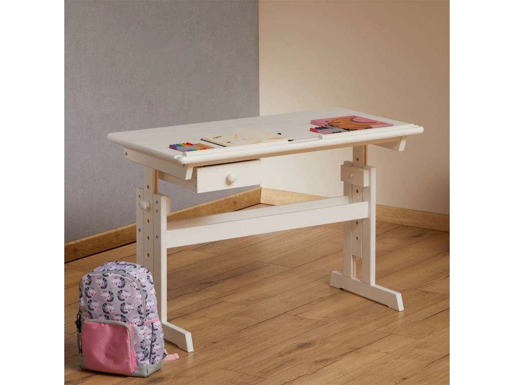 Bureau Enfant écolier Junior FLEXI Table à Dessin Réglable En Hauteur Et Pupitre Inclinable Avec 1 Tiroir En Pin Massif Lasuré Blanc 3 Bureau Enfant écolier Junior FLEXI Table à Dessin Réglable En Hauteur Et Pupitre Inclinable Avec 1 Tiroir En Pin Massif Lasuré Blanc – Image 3