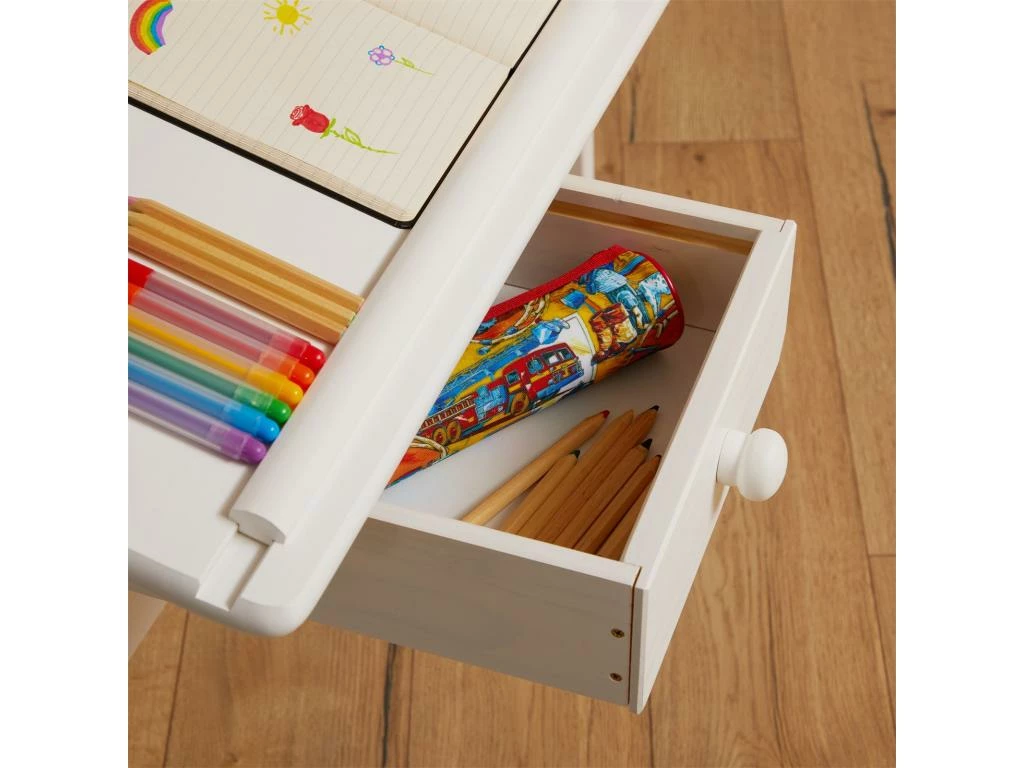 Bureau Enfant écolier Junior FLEXI Table à Dessin Réglable En Hauteur Et Pupitre Inclinable Avec 1 Tiroir En Pin Massif Lasuré Blanc 5 Bureau Enfant écolier Junior FLEXI Table à Dessin Réglable En Hauteur Et Pupitre Inclinable Avec 1 Tiroir En Pin Massif Lasuré Blanc – Image 5