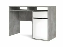Plus Bureau Avec 1 Porte, 1 Tiroir Et 2 Tablettes De Rangement, Finition Béton/blanc Brillant.